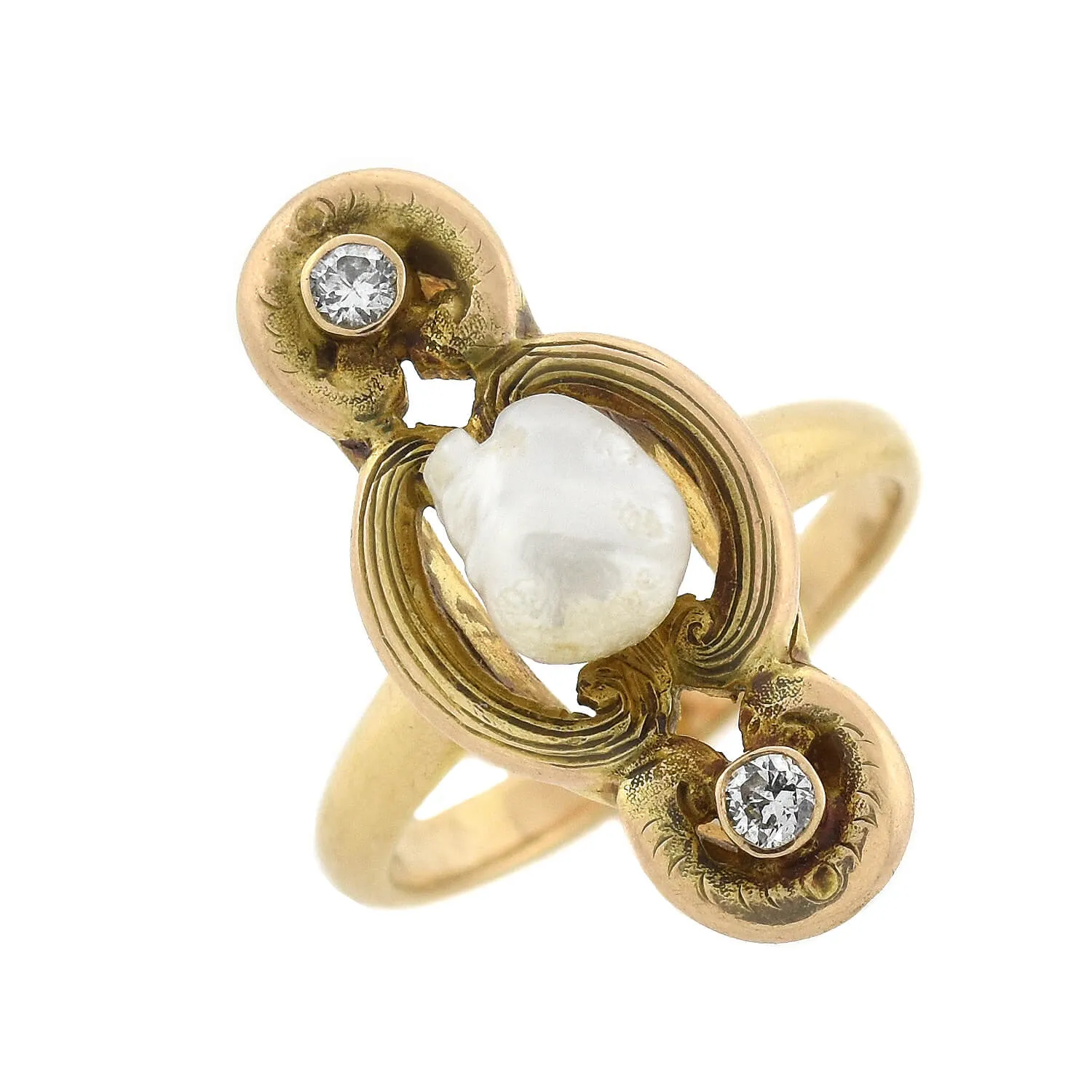 Art Nouveau 14kt Natural Pearl   Diamond Ring 0.10ctw