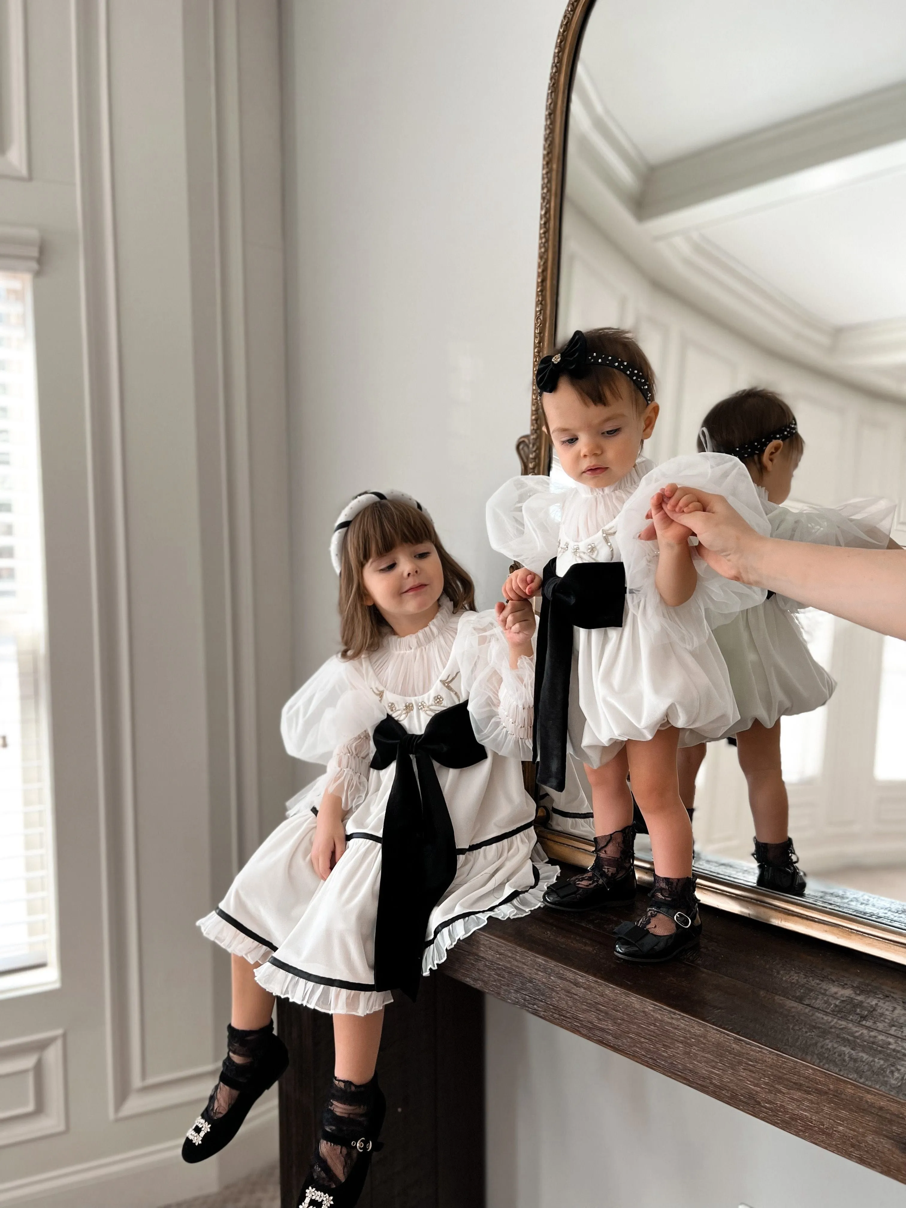 Aurora Ivory Velour Dress with Tulle Puff Sleeves