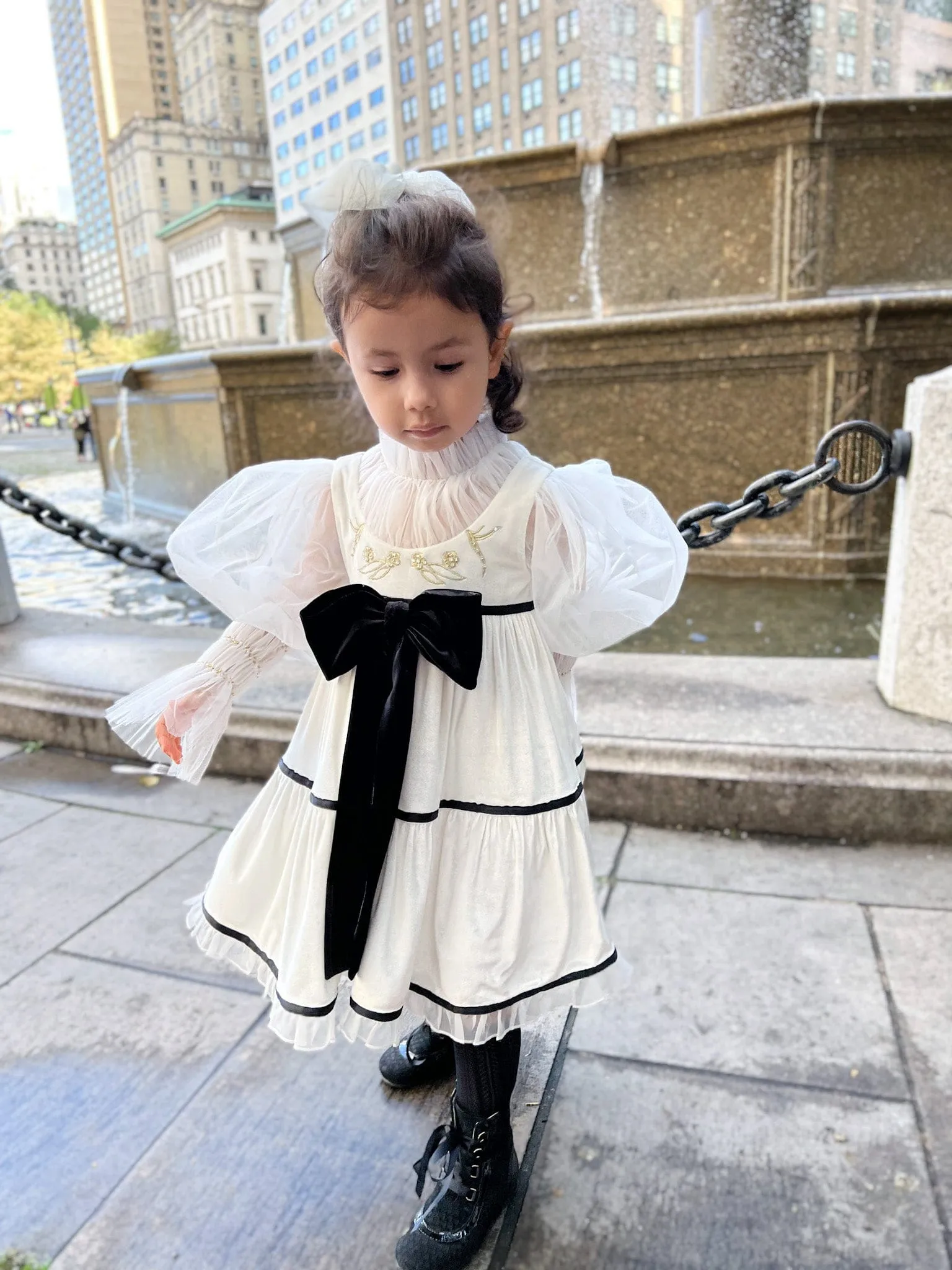 Aurora Ivory Velour Dress with Tulle Puff Sleeves