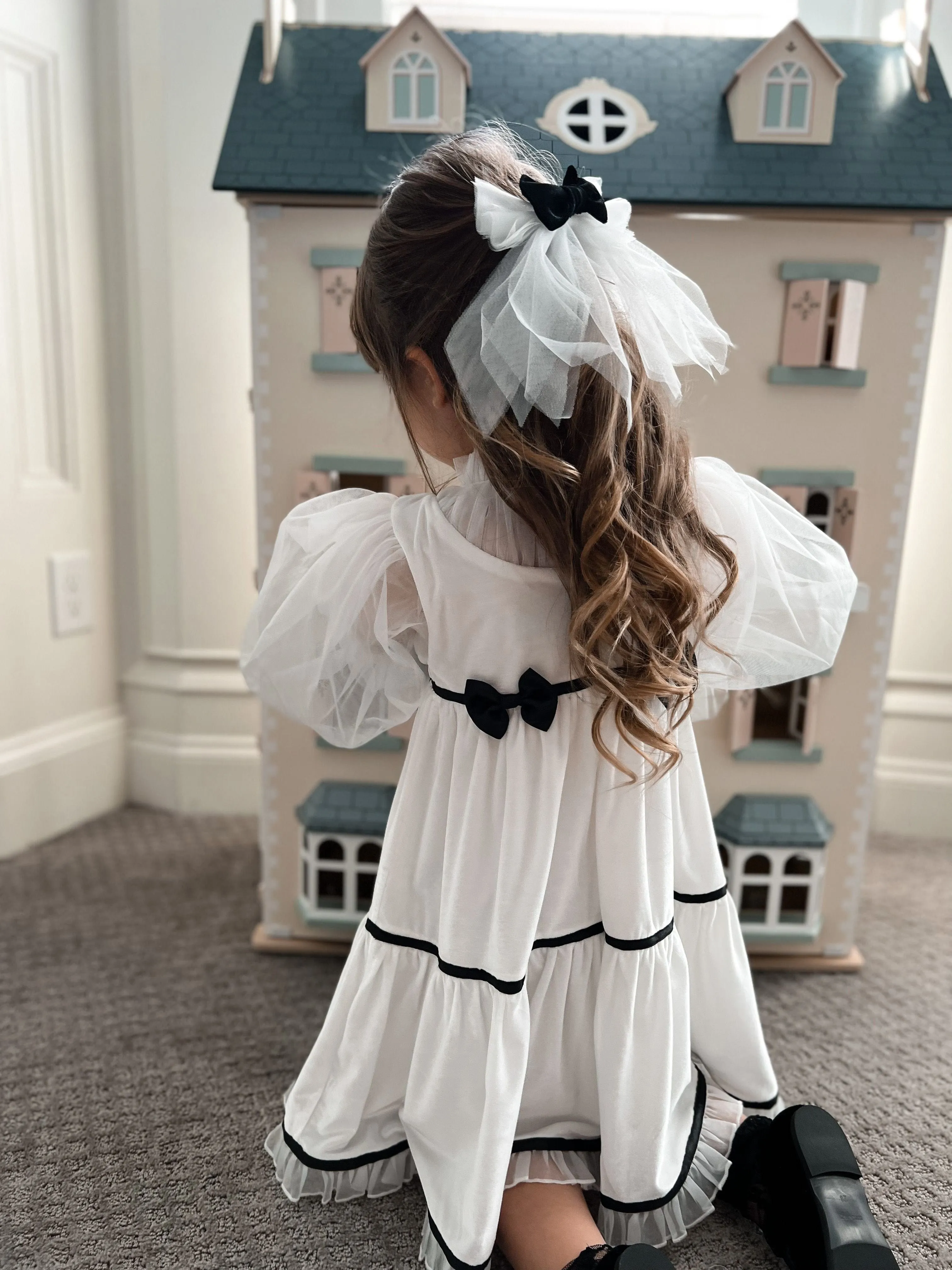 Aurora Ivory Velour Dress with Tulle Puff Sleeves