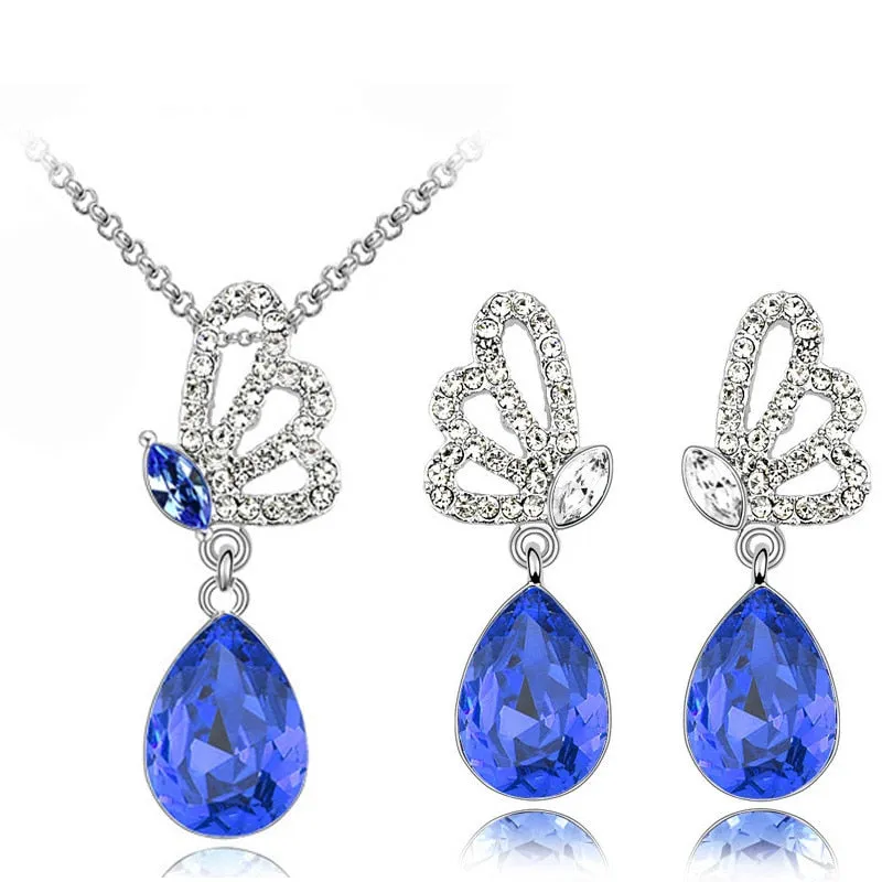 Austrian Crystal Butterfly and Dewdrop Necklace & Earrings Jewelry Set