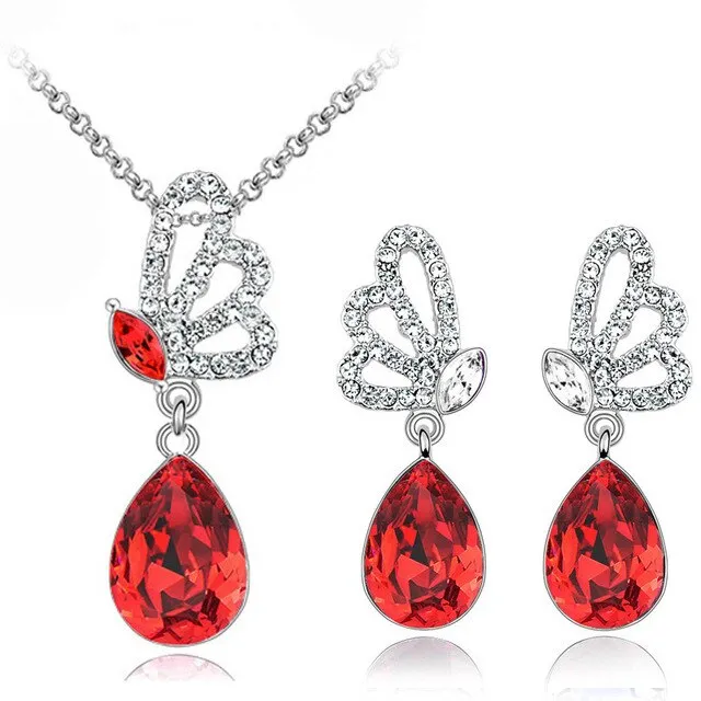 Austrian Crystal Butterfly and Dewdrop Necklace & Earrings Jewelry Set