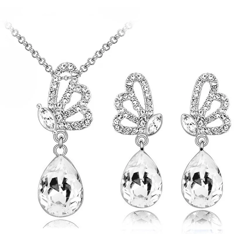 Austrian Crystal Butterfly and Dewdrop Necklace & Earrings Jewelry Set