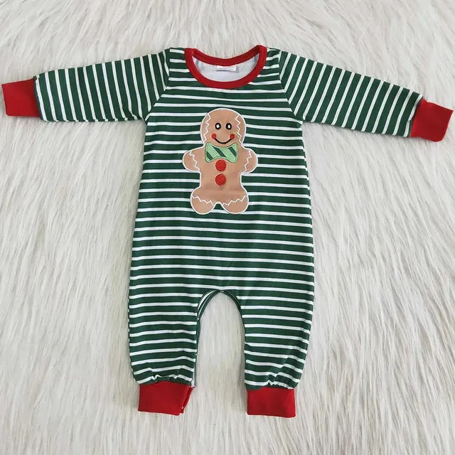 Baby Romper - Christmas - Gingerbread Green Stripe Boys Girls