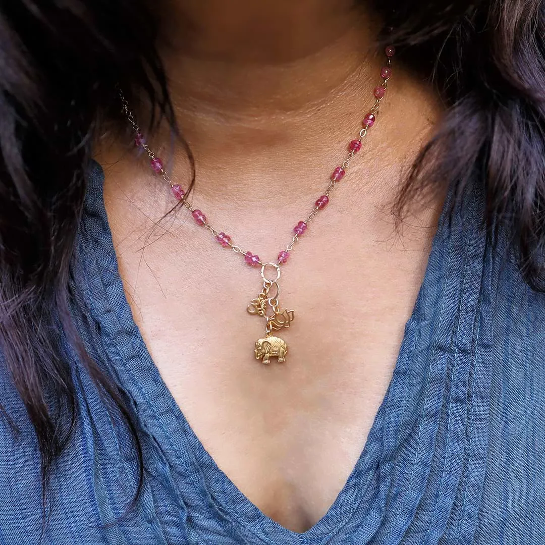 Bali In Bloom - Pink Topaz Elephant Lotus Om Pendants Necklace