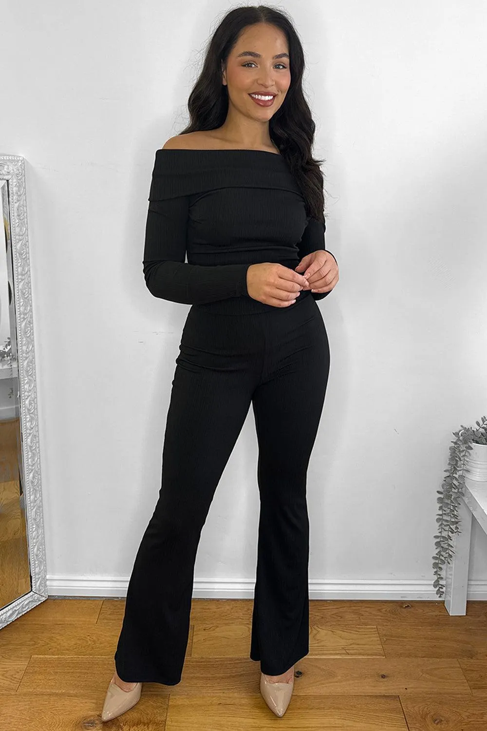 Bardot Neckline Ribbed Top And Trousers Set