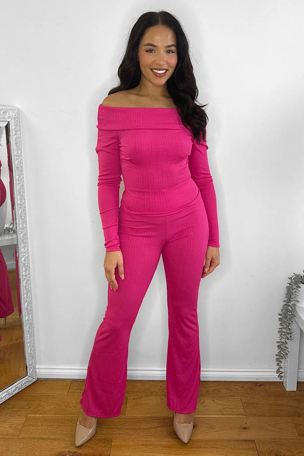 Bardot Neckline Ribbed Top And Trousers Set