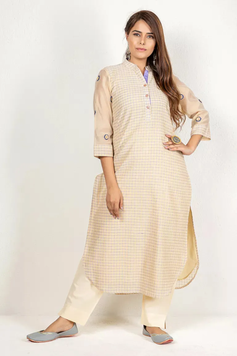 Beige & Purple Chanderi Woven Checked Kurta