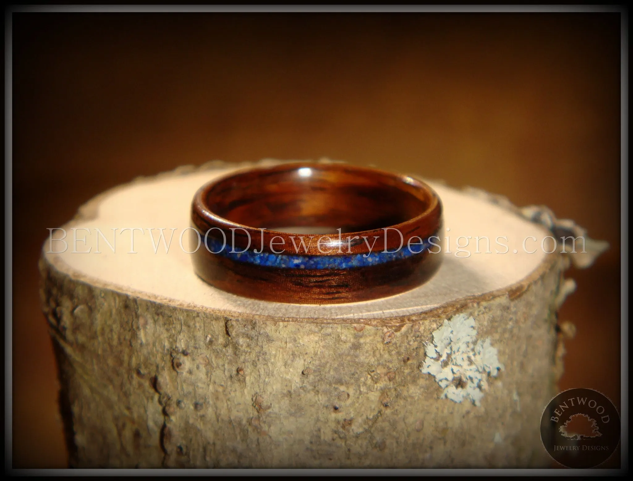 Bentwood Ring - E. Indian Rosewood Wooden Ring with Offset Blue Lapis Inlay