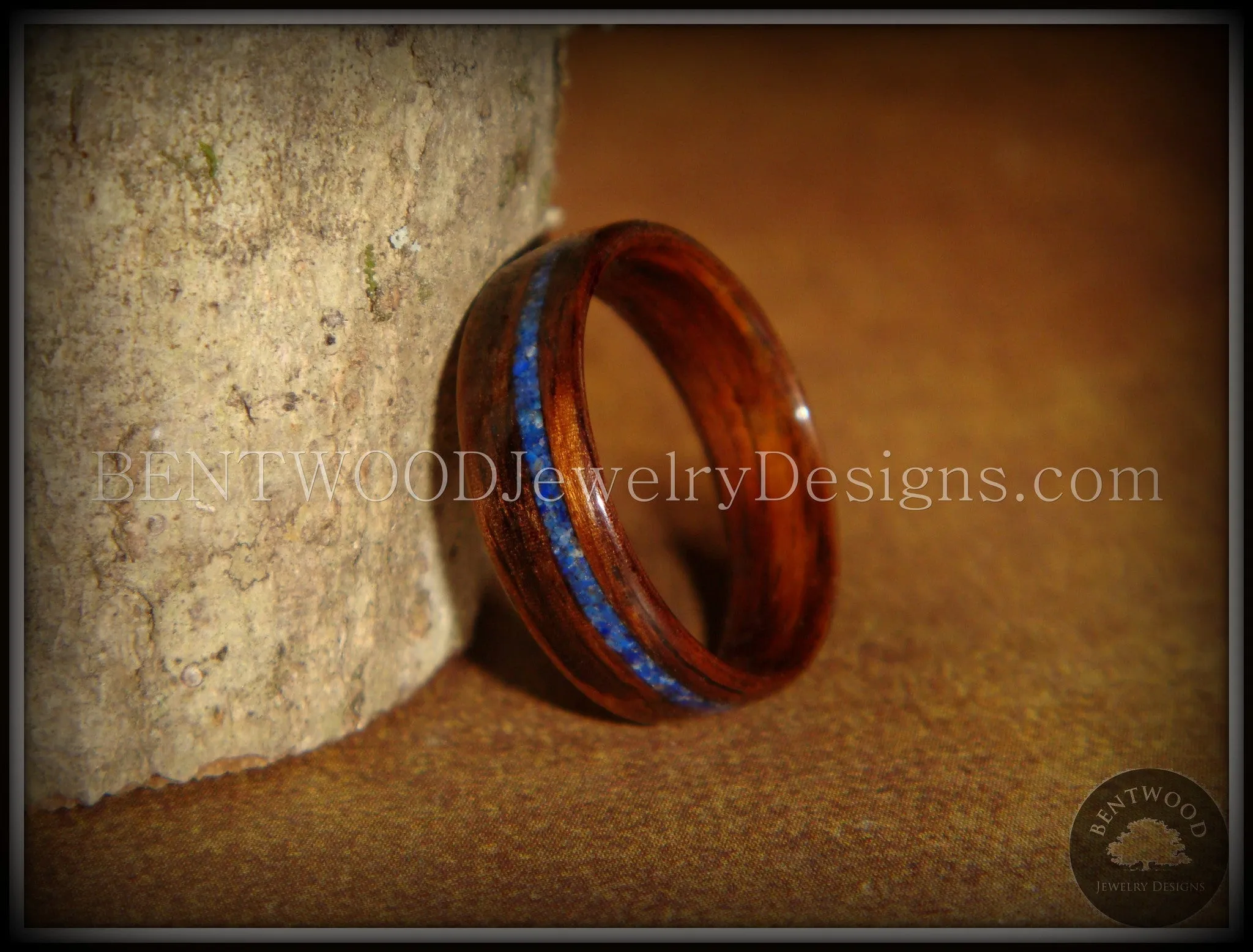 Bentwood Ring - E. Indian Rosewood Wooden Ring with Offset Blue Lapis Inlay