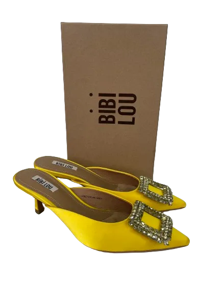 BIBI LOU Yellow Satin Brooch Embellished Kitten Heel Mules UK 5 EU 38 👠