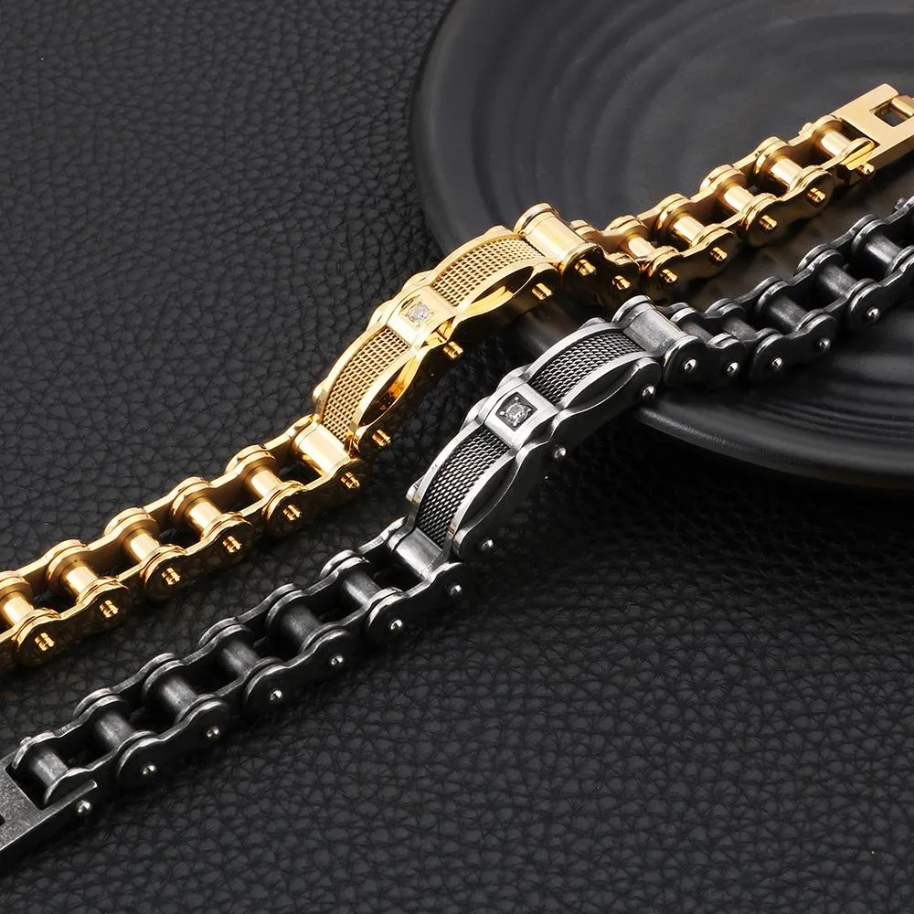 Biker Chain Bracelet with Zirconia Stone in Two Color Tones