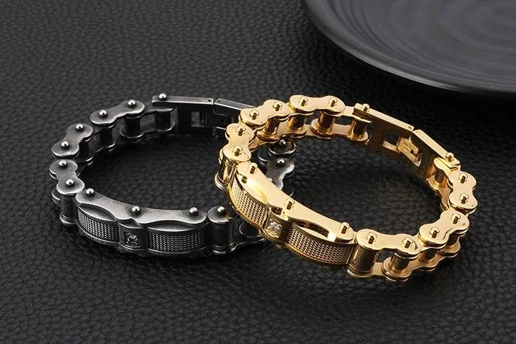 Biker Chain Bracelet with Zirconia Stone in Two Color Tones