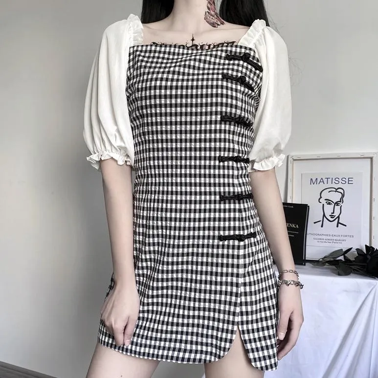 Black and White Plaid Cheongsam Dress SD00376