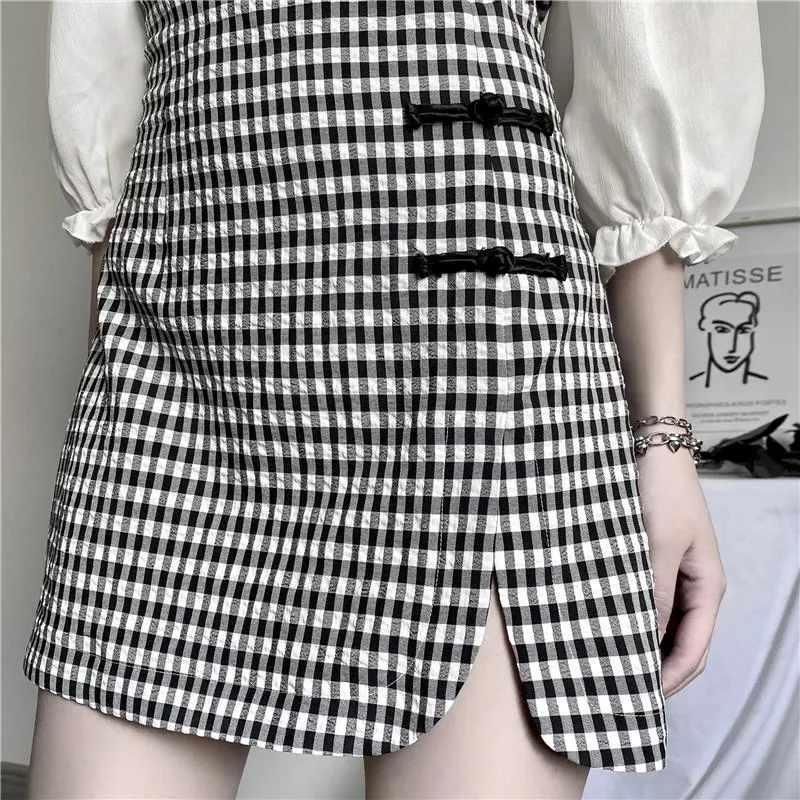 Black and White Plaid Cheongsam Dress SD00376