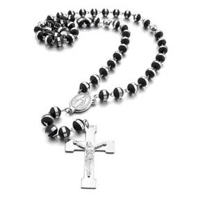 Black Beaded Stainless Steel Silver Rosary