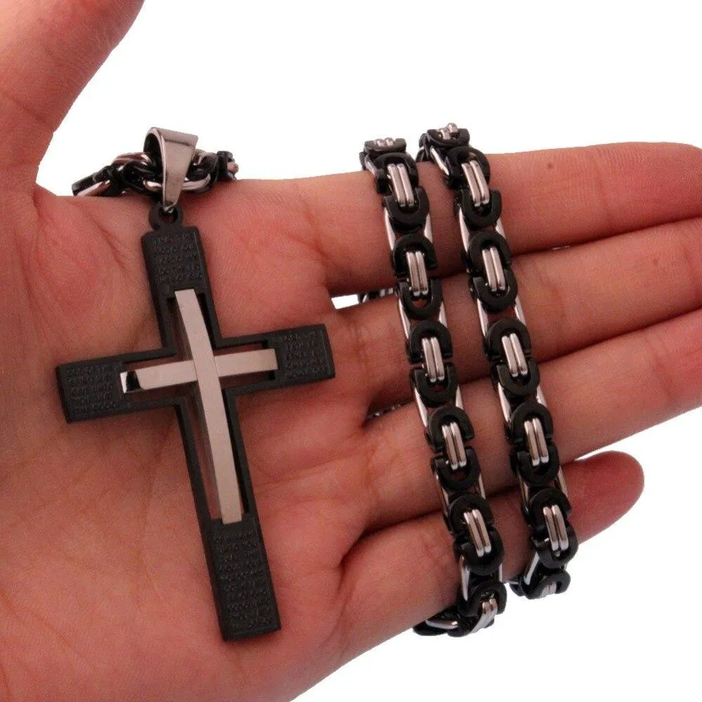 Black Cross Pendant with Silver Curved Cross Inlay and Lord's Prayer Engraving