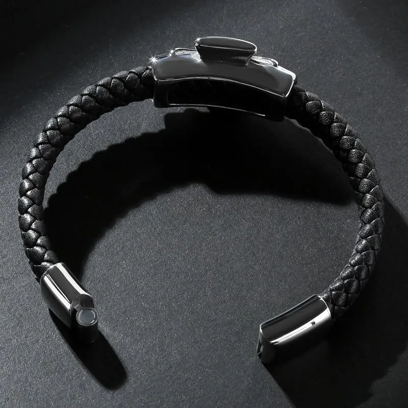 Black Multi-braided Leather Stainless Steel Skull on Cross Bracelet