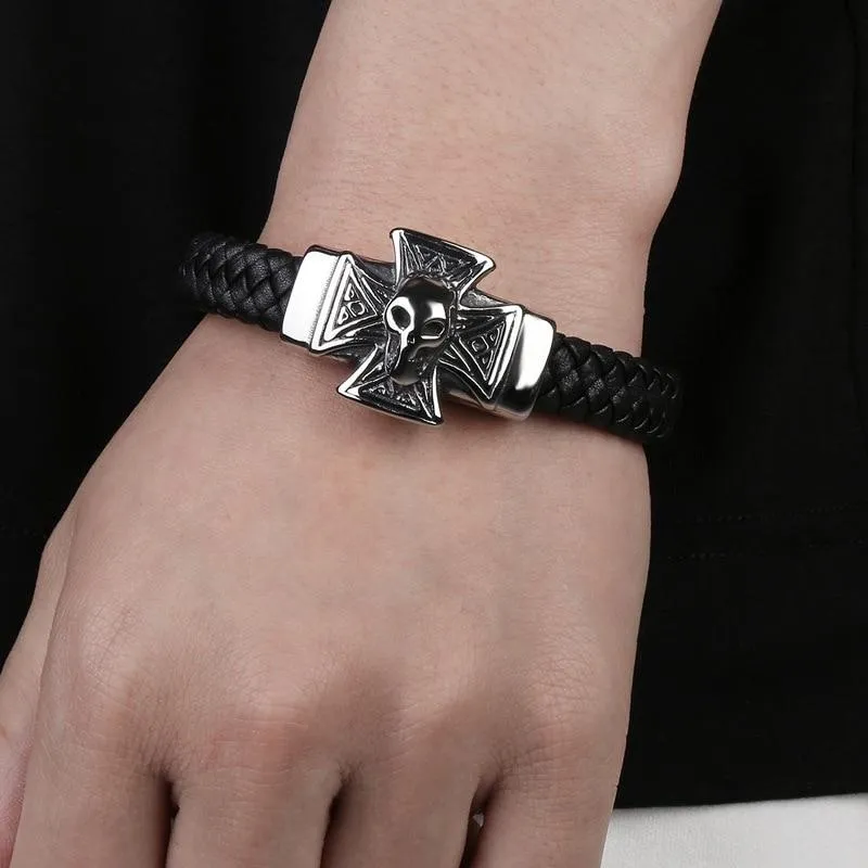 Black Multi-braided Leather Stainless Steel Skull on Cross Bracelet