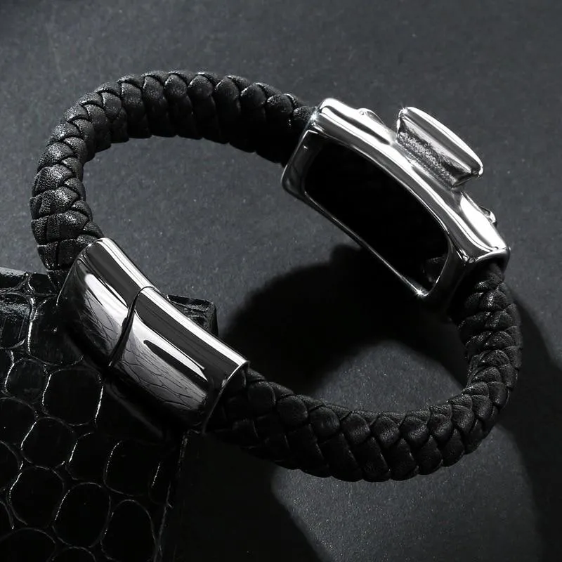 Black Multi-braided Leather Stainless Steel Skull on Cross Bracelet