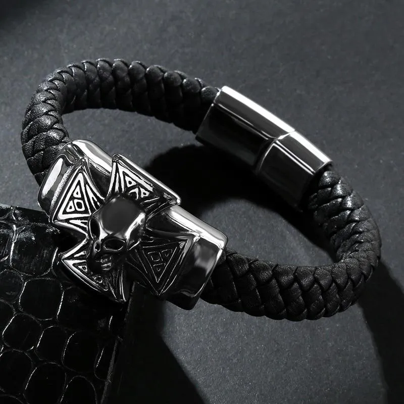 Black Multi-braided Leather Stainless Steel Skull on Cross Bracelet