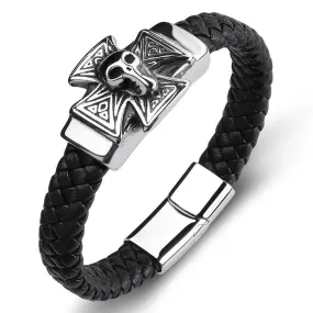 Black Multi-braided Leather Stainless Steel Skull on Cross Bracelet