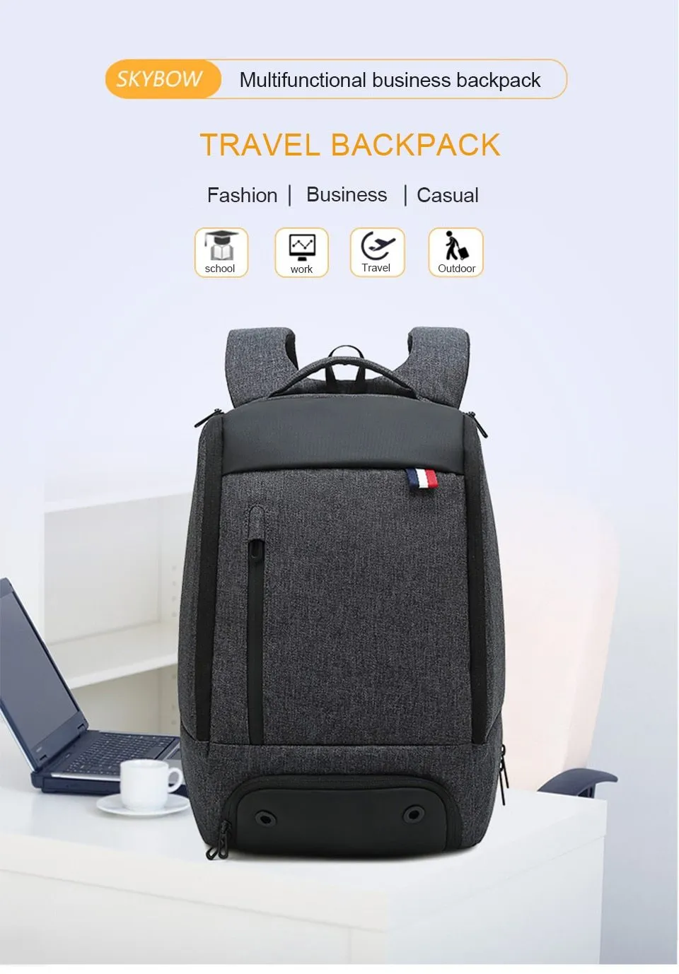 Black/Gray 16.5 Inch Laptop 20 to 35 Litre Travel Backpack with Shoe Compartment