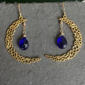 Blue Crescent Moon Gold Vermeil Earrings