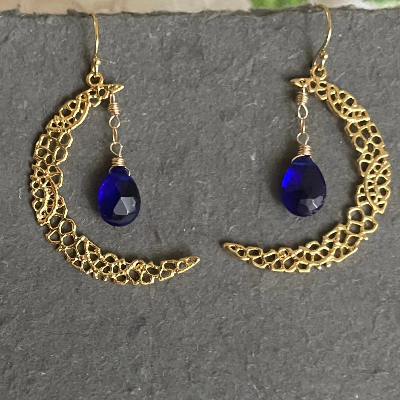 Blue Crescent Moon Gold Vermeil Earrings