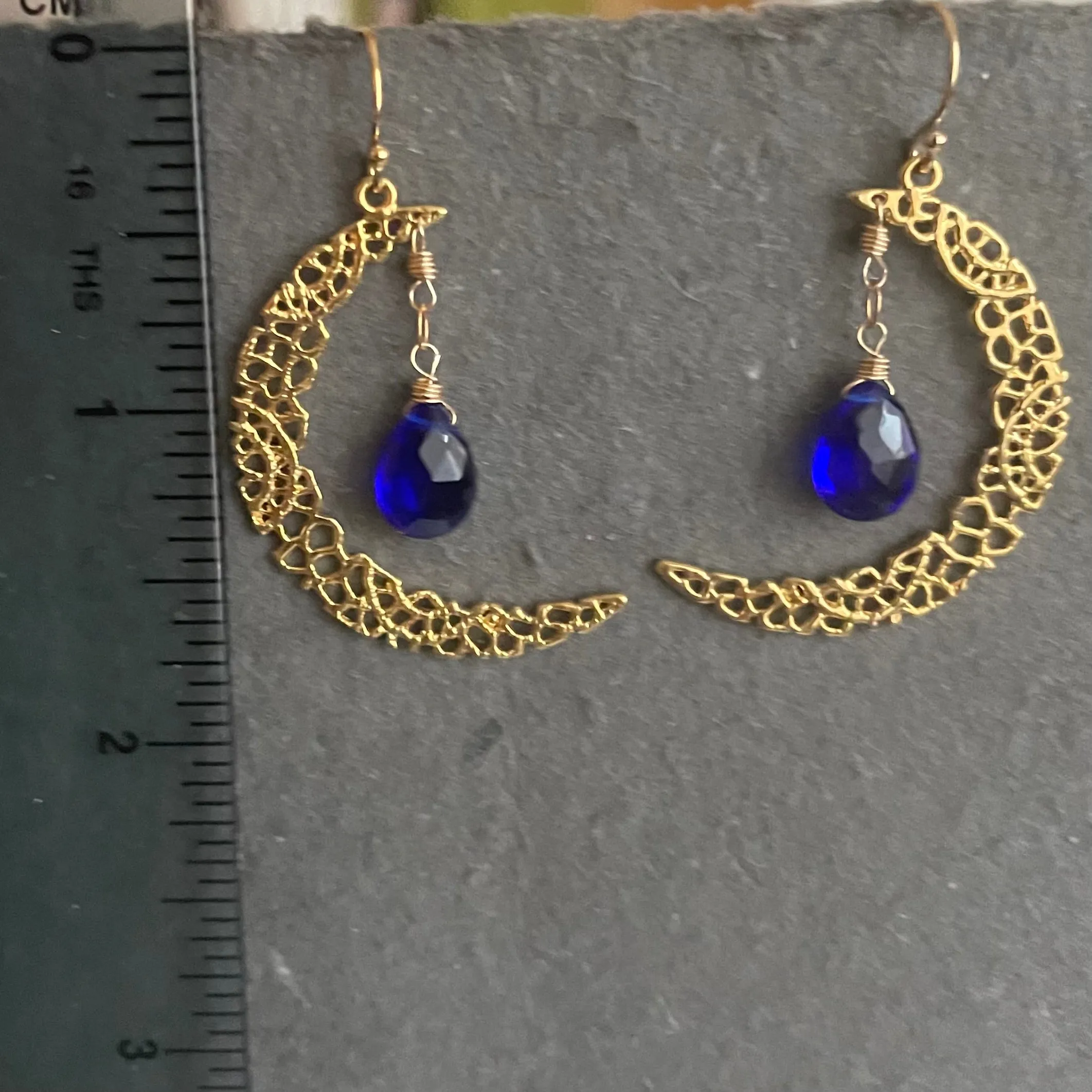 Blue Crescent Moon Gold Vermeil Earrings