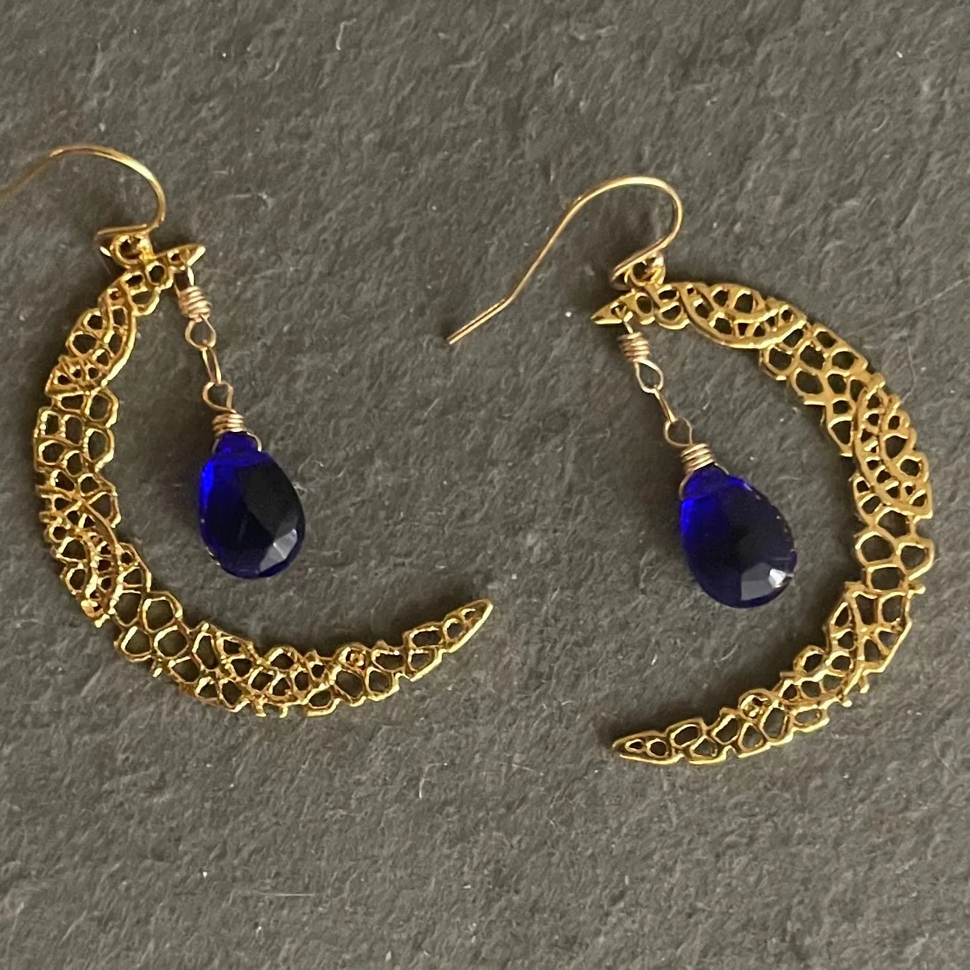 Blue Crescent Moon Gold Vermeil Earrings