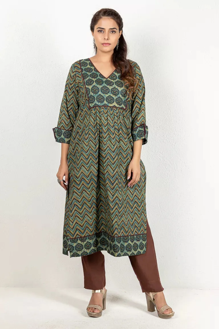 Blue-Green Ajrakh Printed Cotton Kurta