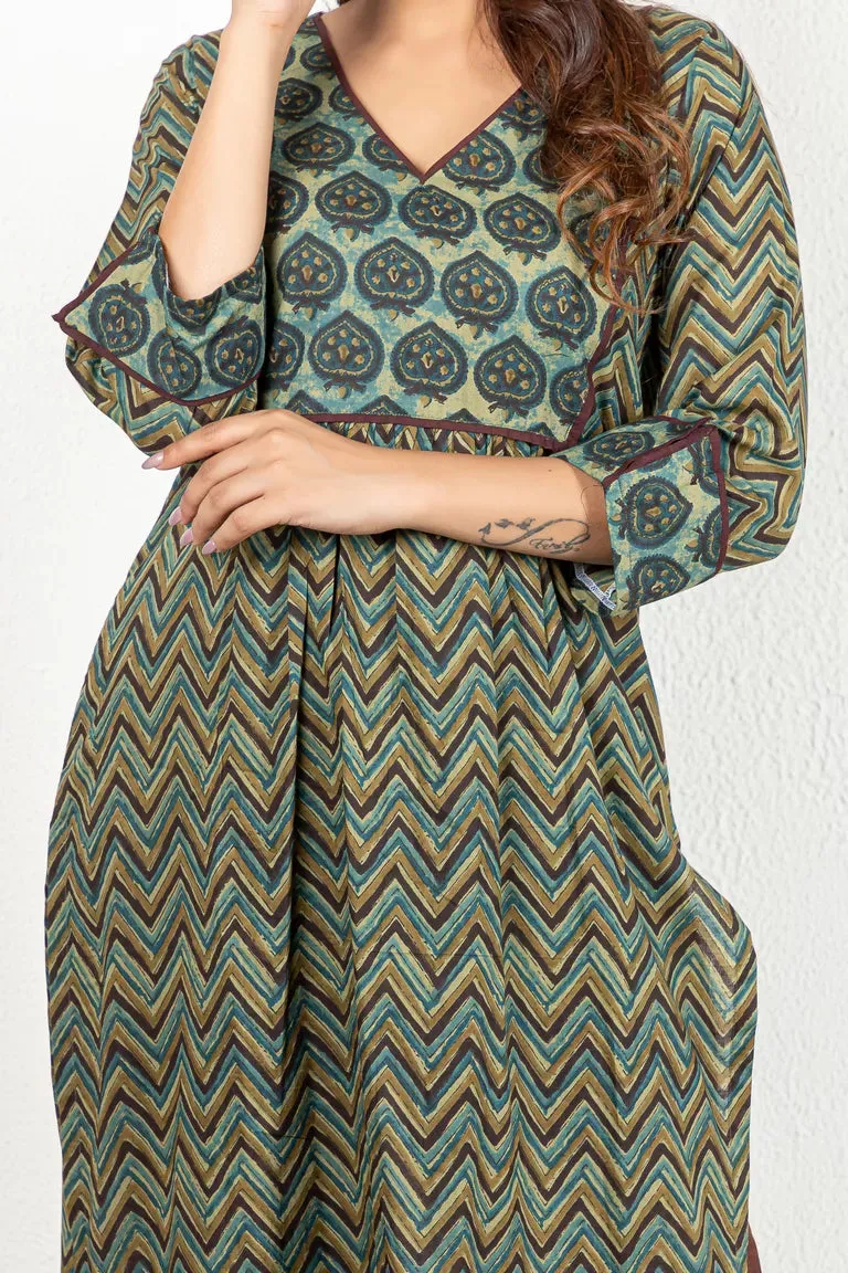 Blue-Green Ajrakh Printed Cotton Kurta