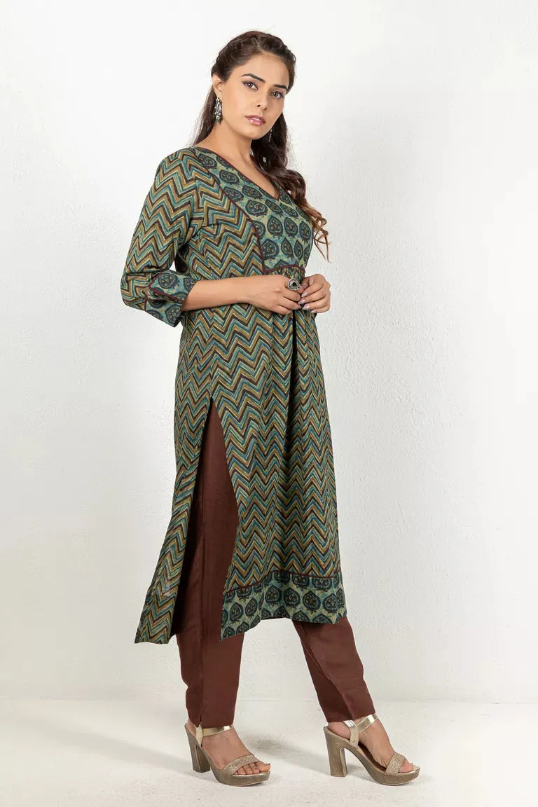 Blue-Green Ajrakh Printed Cotton Kurta