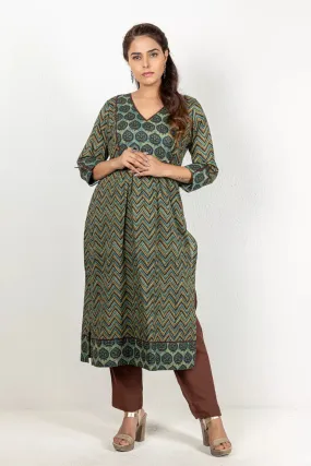 Blue-Green Ajrakh Printed Cotton Kurta