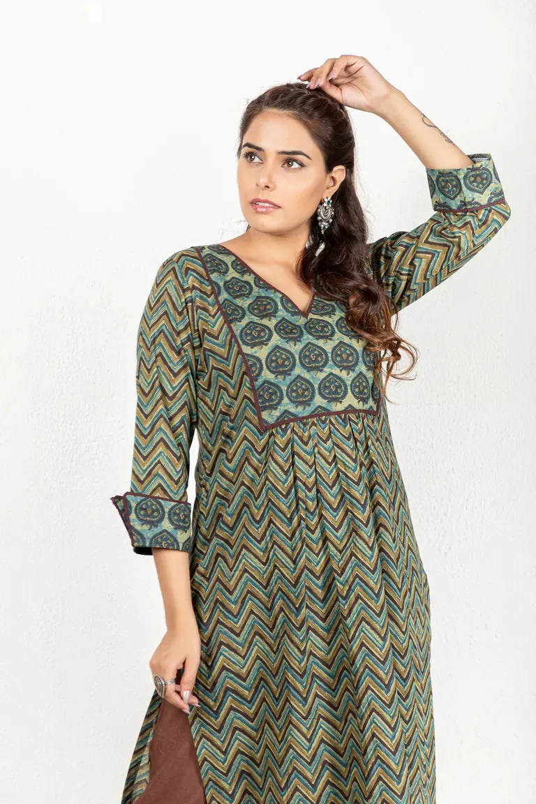 Blue-Green Ajrakh Printed Cotton Kurta