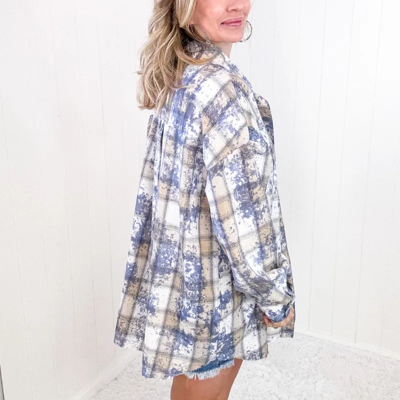 Blue Horizons Boyfriend Washed Plaid Frayed Hem Button Up Top