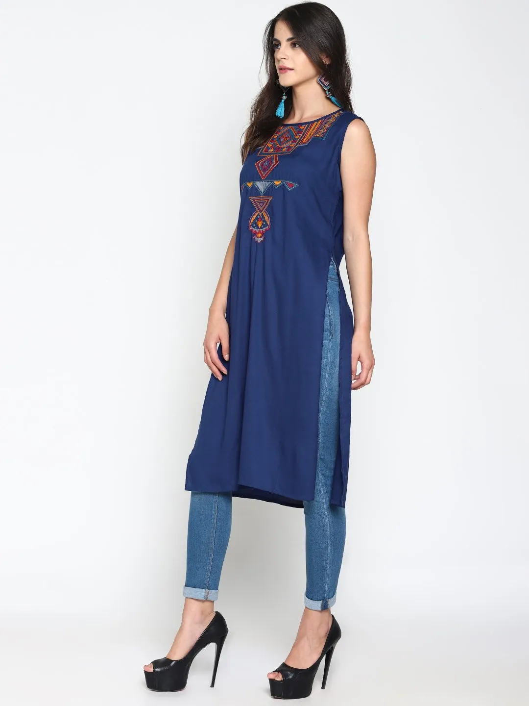 Blue Sleeveless Kurta With Multicolor Embroidery