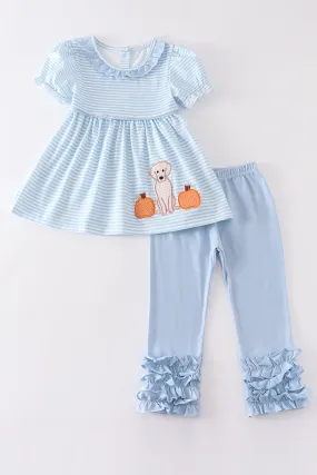 Blue stripe dog pumpkin applique girl set