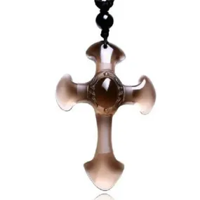 Brown Obsidian Cross Pendant with Beaded Macrame Rope Necklace