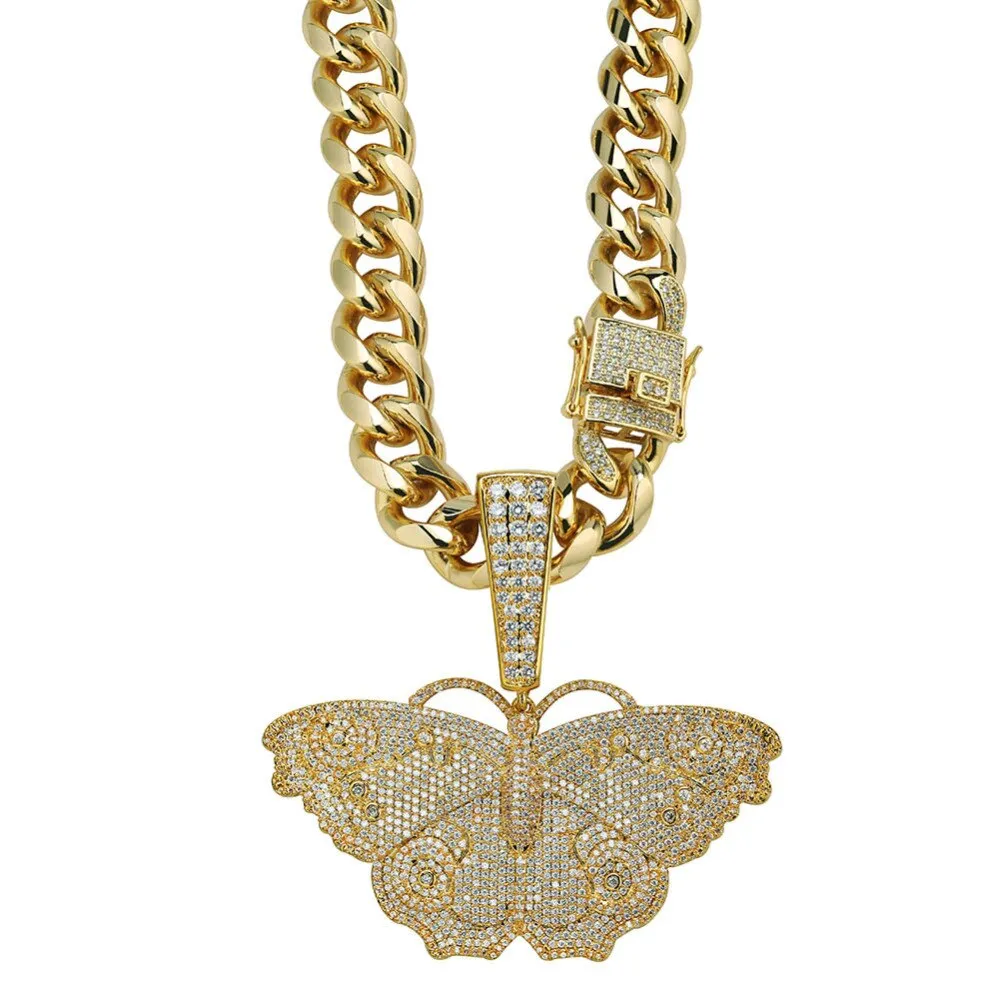 Butterfly Micro Paved Cubic Zirconia Stainless Steel Hip-Hop Pendant Necklace