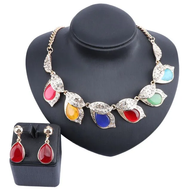 Cat's Eye and Crystal Leaves Necklace & Earrings Wedding Jewelry Set