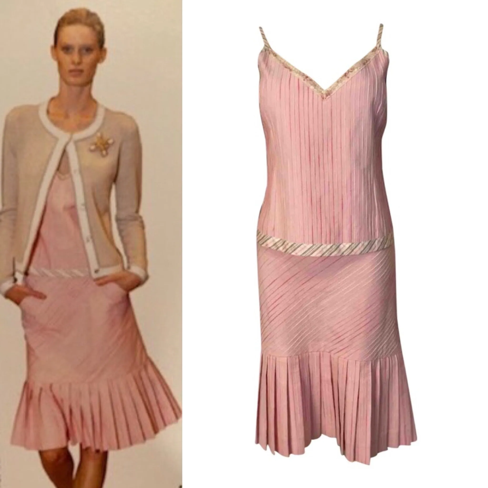 Chanel 03P, 2003 Spring pink camisole top matching Pleated accordion skirt set FR 42 US 8