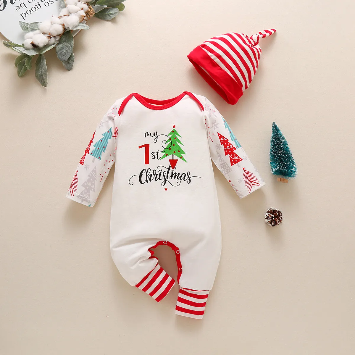 Christmas Day Models Striped Christmas Tree Boys and Girls Jumpsuit Hat