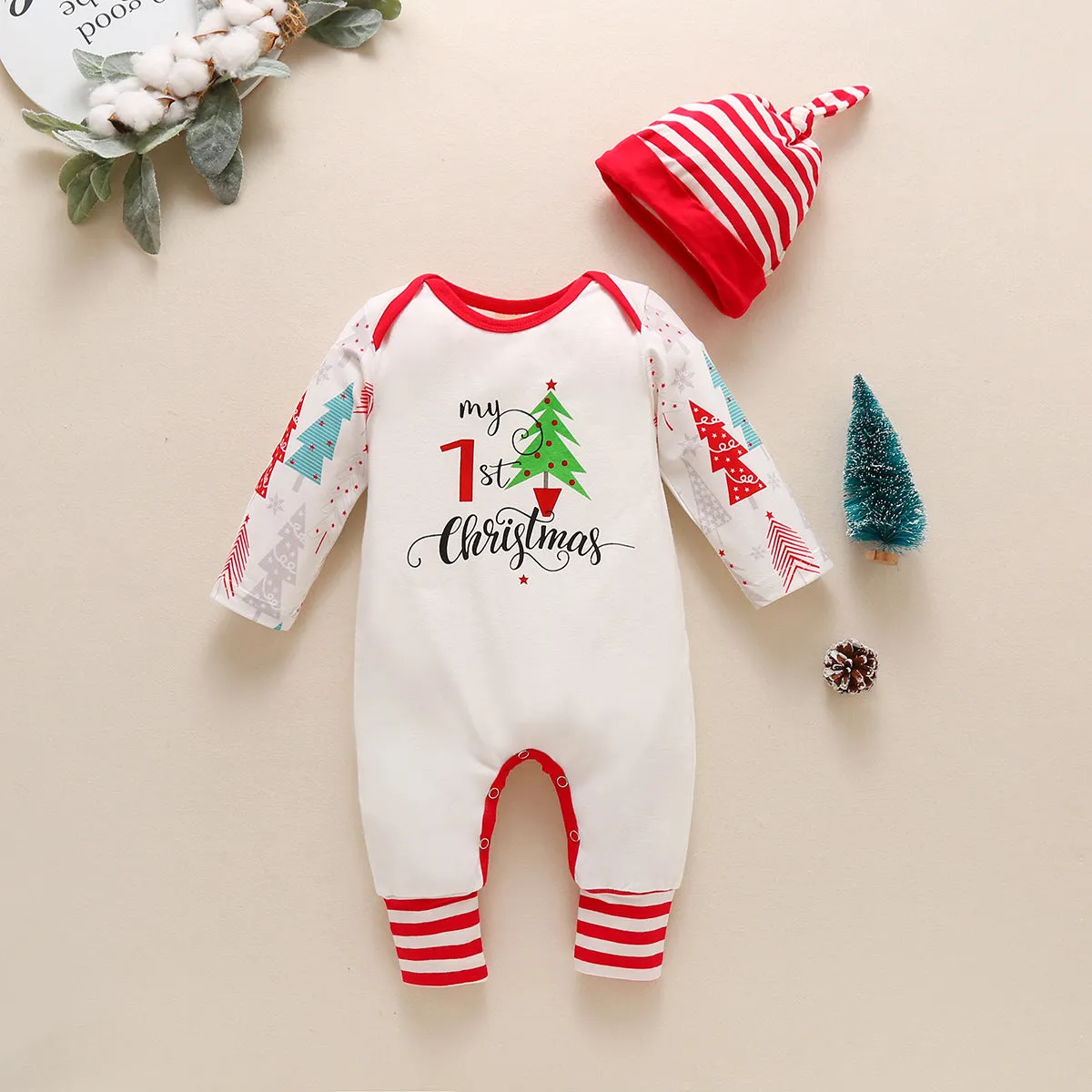 Christmas Day Models Striped Christmas Tree Boys and Girls Jumpsuit Hat