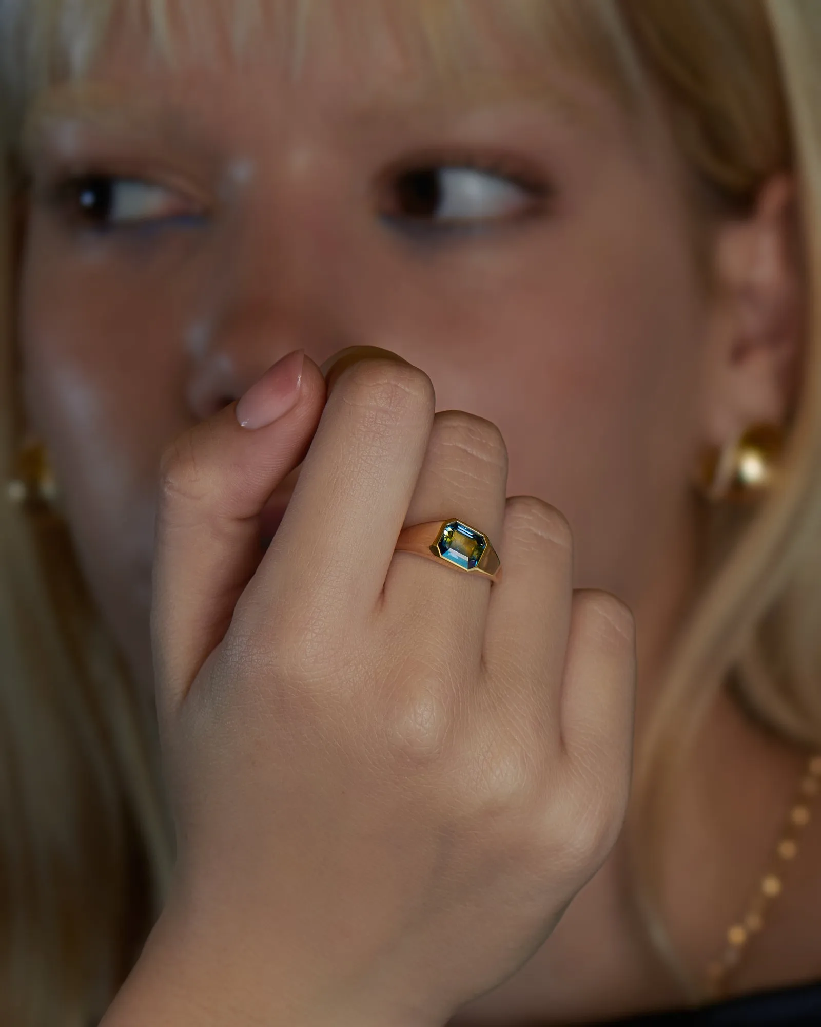 Chunky Asymmetric Statement Ring with OOAK Emerald Cut Parti Sapphire