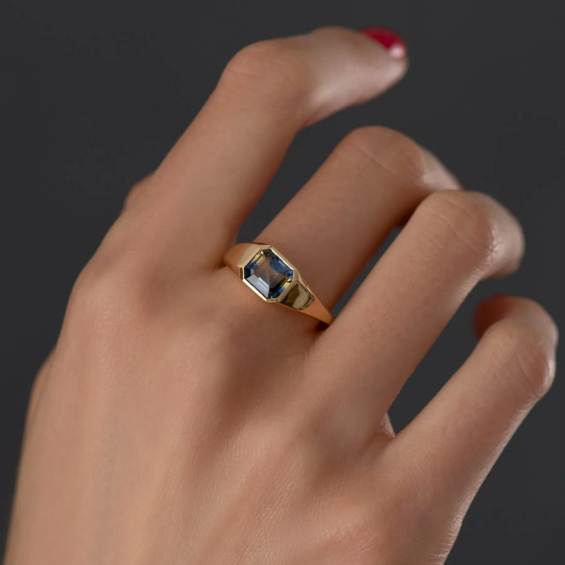 Chunky Asymmetric Statement Ring with OOAK Emerald Cut Parti Sapphire