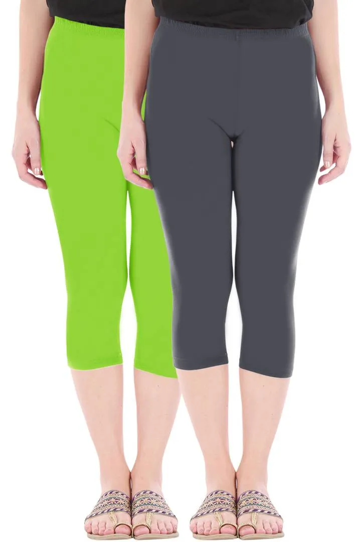 Combo Pack of 2 Skinny Fit 3/4 Capris Leggings for Women Merin Green Grey