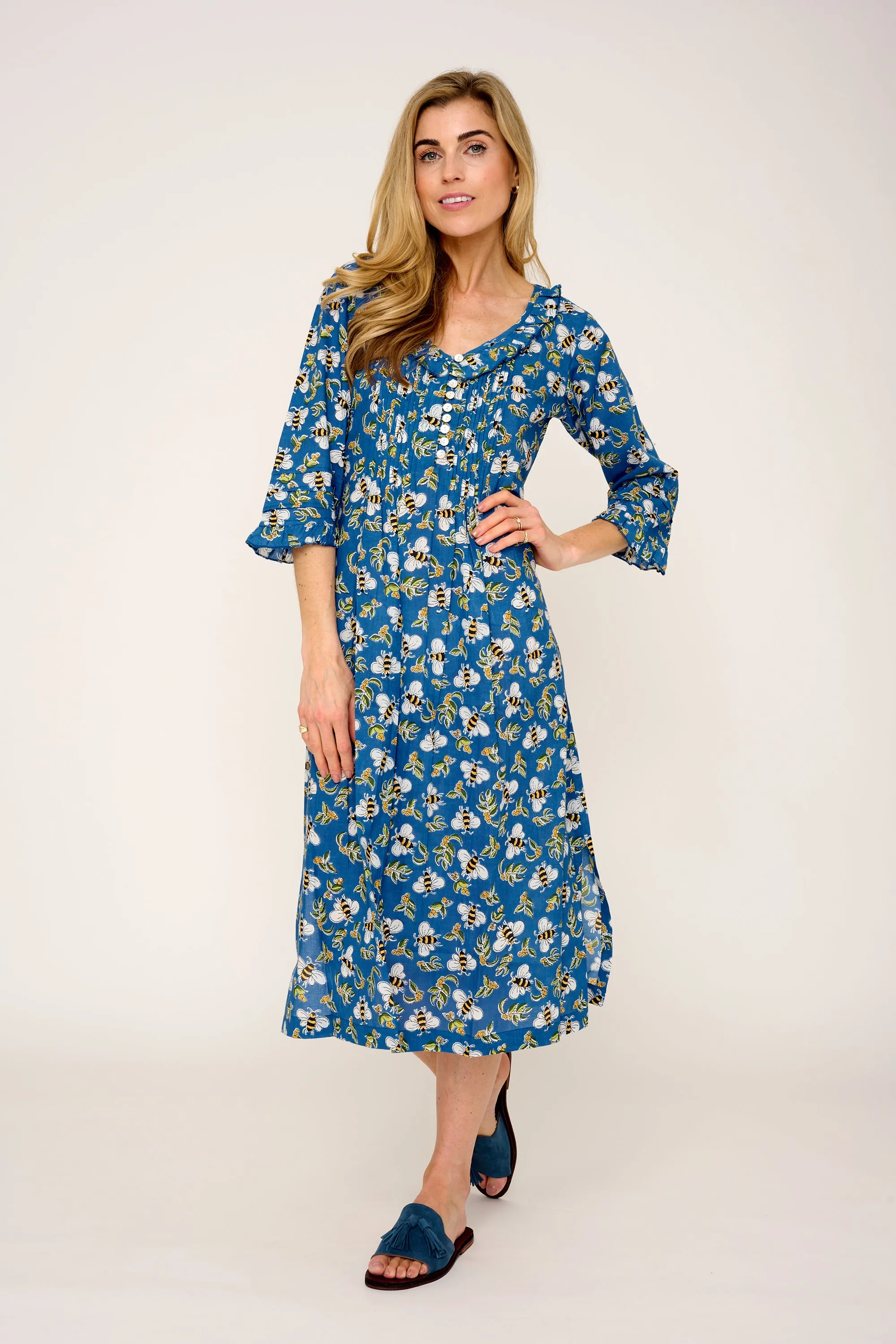 Cotton Karen 3/4 Sleeve Day Dress in Royal Blue Busy Bee