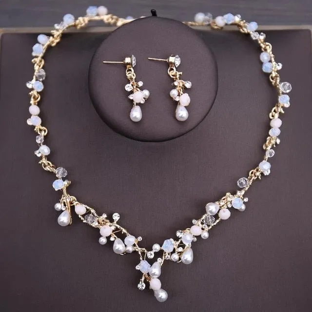 Crystal Beads, Pearl, Butterfly, Flower and Rhinestone Tiara, Necklace & Earrings Wedding Jewelry Set